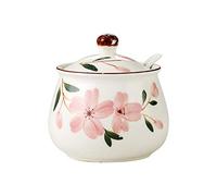 Ceramic Japanese Hand Painted Flower Sugar Bowl Seasoning Jar with Lid Spoon