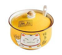 Ceramic Japanese Lucky Cat Sugar Bowl Salt Storage Jar with Lid and Spoon