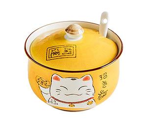 Ceramic Japanese Lucky Cat Sugar Bowl Salt Storage Jar with Lid and Spoon