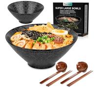 Ceramic Japanese Ramen Noodle Soup Bowl, 2 Sets (6 Piece) 60 Ounce, with Matching Spoon and Chopsticks for Udon Soba Pho Asian Noodles, Large