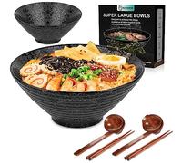 Ceramic Japanese Ramen Noodle Soup Bowl, 2 Sets (6 Piece) 60 Ounce, with Matching Spoon and Chopsticks for Udon Soba Pho Asian Noodles, Large