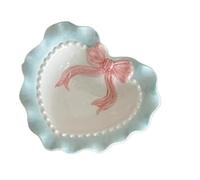 Ceramic Jewelry Plate Ceramic Jewelry Display Tray Dinner Plate Love Bow Wavy Edge Breakfast Home Decor Photography Props(Blue -15cm)