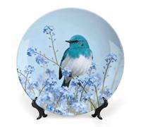 Ceramic Kingfisher on Forget-Me-Not Decorative Plate for Wall Hanging 10inch Large Bone China Dinner Plates with Display Stand Porcelain Art Dish for Home Kitchen Office Wedding Gift Farmhouse Decor