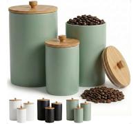 Ceramic Kitchen Canisters for Countertop Set of 3 with Airtight Bamboo Lids - Sage Kitchen Canisters with Airtight Lids - Flour Sugar Canister Set - Flour and Sugar Containers Farmhouse - Coffee Jar