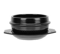 Ceramic Korean Stew Pot with Tray for Rice Bibimbap Tabletop Serving | Black Glazed Finish, Flat Base, Even Heat Distribution, Heat Retention, Two Side Handles, 17.5x17.5x9cm