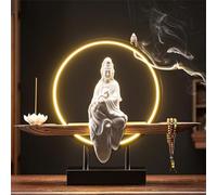 Ceramic Kwan Yin Buddha Incense Burner with Led-Light, Handmade Statue Backflow Incense Burner Lotus Stick,Zen Decor Incense Holder,Zen-inspired Guanyin offering ornament,for Meditation Relax,B