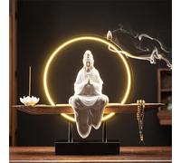 Ceramic Kwan Yin Buddha Incense Burner with Led-Light, Handmade Statue Backflow Incense Burner Lotus Stick,Zen Decor Incense Holder,Zen-inspired Guanyin offering ornament,for Meditation Relax,H