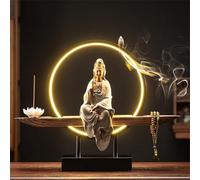 Ceramic Kwan Yin Buddha Incense Burner with Led-Light, Handmade Statue Backflow Incense Burner Lotus Stick,Zen Decor Incense Holder,Zen-inspired Guanyin offering ornament,for Meditation Relax,D