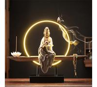 Ceramic Kwan Yin Buddha Incense Burner with Led-Light, Handmade Statue Backflow Incense Burner Lotus Stick,Zen Decor Incense Holder,Zen-inspired Guanyin offering ornament,for Meditation Relax,E