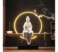 Ceramic Kwan Yin Buddha Incense Burner with Led-Light, Handmade Statue Backflow Incense Burner Lotus Stick,Zen Decor Incense Holder,Zen-inspired Guanyin offering ornament,for Meditation Relax,C