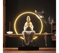 Ceramic Kwan Yin Buddha Incense Burner with Led-Light, Handmade Statue Backflow Incense Burner Lotus Stick,Zen Decor Incense Holder,Zen-inspired Guanyin offering ornament,for Meditation Relax,G
