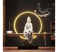 Ceramic Kwan Yin Buddha Incense Burner with Led-Light, Handmade Statue Backflow Incense Burner Lotus Stick,Zen Decor Incense Holder,Zen-inspired Guanyin offering ornament,for Meditation Relax,F
