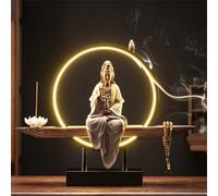 Ceramic Kwan Yin Buddha Incense Burner with Led-Light, Handmade Statue Backflow Incense Burner Lotus Stick,Zen Decor Incense Holder,Zen-inspired Guanyin offering ornament,for Meditation Relax,A