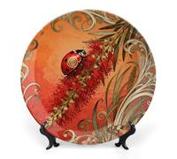 Ceramic Ladybug Bottlebrush Spike Decorative Plate for Wall Hanging 6inch Large Bone China Dinner Plates with Display Stand Porcelain Art Dish for Home Kitchen Office Wedding Gift Farmhouse Decor
