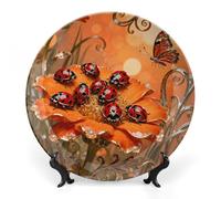 Ceramic Ladybug Marigold Bloom Decorative Plate for Wall Hanging 8inch Large Bone China Dinner Plates with Display Stand Porcelain Art Dish for Home Kitchen Office Wedding Gift Farmhouse Decor