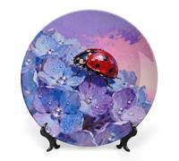 Ceramic Ladybug on Hydrangea Decorative Plate for Wall Hanging 8inch Large Bone China Dinner Plates with Display Stand Porcelain Art Dish for Home Kitchen Office Wedding Gift Farmhouse Decor