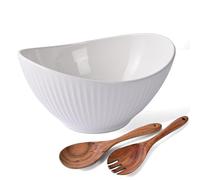 Ceramic Large Salad Bowl 26cm/10'',1700ml Oval Serving Bowl with Wooden Spoon & Fork, Lightweight White Fruit Bowl for Entertaining, Dinner Parties, Family Gatherings, Microwave & Dishwasher Safe