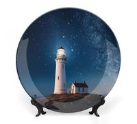 Ceramic Lighthouse Under Starry Night Decorative Plate for Wall Hanging 10inch Large Bone China Dinner Plates with Display Stand Porcelain Art Dish for Home Kitchen Office Wedding Gift Farmhouse Decor