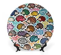 Ceramic Little Hedgehog Graffiti Decorative Plate for Wall Hanging 6inch Large Bone China Dinner Plates with Display Stand Porcelain Art Dish for Home Kitchen Office Wedding Gift Farmhouse Decor