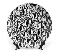 Ceramic Little Penguin Doodle Decorative Plate for Wall Hanging 7inch Large Bone China Dinner Plates with Display Stand Porcelain Art Dish for Home Kitchen Office Wedding Gift Farmhouse Decor
