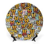 Ceramic Little Tiger Graffiti Decorative Plate for Wall Hanging 8inch Large Bone China Dinner Plates with Display Stand Porcelain Art Dish for Home Kitchen Office Wedding Gift Farmhouse Decor