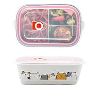 Ceramic Lunch Box with 3 Compartments, Lunch Box with Lid, White Lunch Boxes are Leak Proof Sealed and Reusable, Perfect for School, Office, Picnics, Short Trips or When Riding (Cat Pattern)