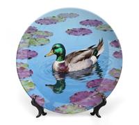 Ceramic Mallard on Water Lily Decorative Plate for Wall Hanging 7inch Large Bone China Dinner Plates with Display Stand Porcelain Art Dish for Home Kitchen Office Wedding Gift Farmhouse Decor