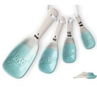Ceramic Mason Jar Measuring Spoons - Aqua Blue, Decorative Tablespoons That Nest- 4 Rustic Measuring Spoons for Farmhouse Kitchen Décor - 1 Tbsp, 1 TSP, ½ TSP and ¼ TSP with Vintage Ribbon