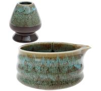 Ceramic Matcha Bowl Handcrafted Chawan Matcha Mixing Bowl with Spout and Whisk Stand Sturdy Elegant Japanese Tea Kit Ceramic Accessories for Tea Ceremony Beginner Family Friends(Kiln Turns Blue)