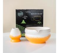 Ceramic Matcha Whisk Holder and Bowl Set with Black Gift Box, Traditional Handmade Groove Striped Kiln Changing Glazed Porcelain Japanese Tea Mixing Bowl Set for Whisking Matcha Yellow