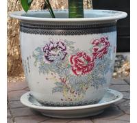 Ceramic Modern Planter Pot With Drainage Hole And Saucer 11.4/13.4 Inch Large Size Chinoiserie Handmade Round Flower Plant Pot For Indoor Outdoor Herb Snake,11.4