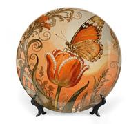 Ceramic Monarch Tulip Blossom Decorative Plate for Wall Hanging 8inch Large Bone China Dinner Plates with Display Stand Porcelain Art Dish for Home Kitchen Office Wedding Gift Farmhouse Decor