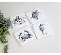 Ceramic Mono Set of 4 Sea Creatures Cork Backed Drink Coasters Table Mats