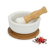 Ceramic Mortar And Pestle Set With Bamboo Base - 12cm Diameter Durable Spice & Herb Grinder For Pepper, Vanilla, Sea Salt Kitchen Accessories White