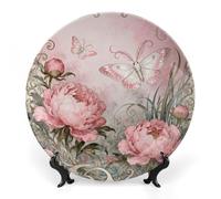Ceramic Moth Peony Cluster Decorative Plate for Wall Hanging 8inch Large Bone China Dinner Plates with Display Stand Porcelain Art Dish for Home Kitchen Office Wedding Gift Farmhouse Decor