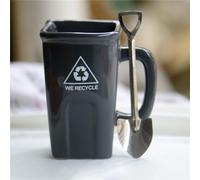 Ceramic Mug 400ml with Lid Spoon Funny Trash Can Shaped Novelty Recycle Bin Coffee Cup for Men Women Unique Rubbish Bin Mug Gift for Home, Office Birthday, Christmas (Coffee)