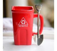 Ceramic Mug 400ml with Lid Spoon Funny Trash Can Shaped Novelty Recycle Bin Coffee Cup for Men Women Unique Rubbish Bin Mug Gift for Home, Office Birthday, Christmas (Red)