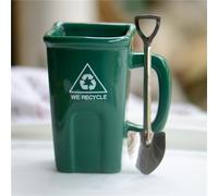 Ceramic Mug 400ml with Lid Spoon Funny Trash Can Shaped Novelty Recycle Bin Coffee Cup for Men Women Unique Rubbish Bin Mug Gift for Home, Office Birthday, Christmas (Green)