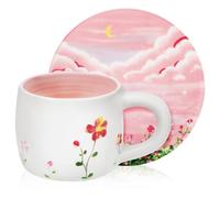 Ceramic Mug and Saucer Set, 1pcs Pink Porcelain Coffee Cup with Flower Pattern, Water Drinking Mug for Afternoon Tea and Desktop Use