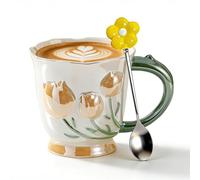 Ceramic Mug Flowers Large 400 ml, Coffee Mug Porcelain with Handle and Spoon, Coffee Cups Tulip Motif, Ceramic Cups Spring, Pearlescent Porcelain Coffee Mug, Gift for Tea, Milk, Cappuccino (Yellow)
