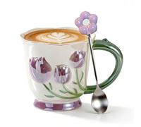 Ceramic Mug Flowers Large 400 ml, Coffee Mug Porcelain with Handle and Spoon, Coffee Cups Tulip Motif, Ceramic Cups Spring, Pearlescent Porcelain Coffee Mug, Gift for Tea, Milk, Cappuccino (Purple)