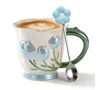 Ceramic Mug Flowers Large 400 ml, Coffee Mug Porcelain with Handle and Spoon, Coffee Cups Tulip Motif, Ceramic Cups Spring, Pearlescent Porcelain Coffee Mug, Gift for Tea, Milk, Cappuccino (Blue)