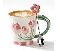 Ceramic Mug Flowers Large 400 ml, Coffee Mug Porcelain with Handle and Spoon, Coffee Cups Tulip Motif, Ceramic Cups Spring, Pearlescent Porcelain Coffee Mug, Gift for Tea, Milk, Cappuccino (Pink)
