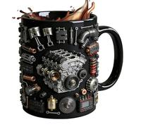 Ceramic Mug - Realistic Mechanical Engine Coffee Cup | 3D Piston & Gear Design with Anti-Slip Handle, Novelty Motor Gift for Car Lovers, Husband & Men, 15oz, Silver & Black