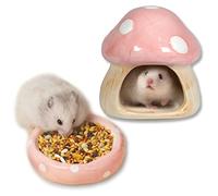 Ceramic Mushroom Guinea Pig House Hamster Hide Bed Includes Hamsters Food Bowl Guinea Pig Hideout for Hamster Chinchilla Hedgehog Rat Small Animals(Pink Mushroom Set)