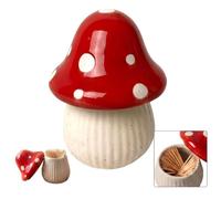 Ceramic Mushroom Toothpick Holder Cute Red Toadstool Jar with Lid | Ceramic cottagecore organizer. Ideal for holding toothpicks, Q-tips, cotton swabs, and small jewelry on kitchen tables.