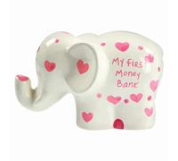 Ceramic My First 1st Baby Elephant Pink Hearts Money Box Bank Christening Gift