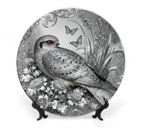 Ceramic Nightjar Dusty Miller Decorative Plate for Wall Hanging 7inch Large Bone China Dinner Plates with Display Stand Porcelain Art Dish for Home Kitchen Office Wedding Gift Farmhouse Decor