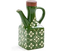 Ceramic Oil Dispenser Bottle - 8.5 oz Cruet with Wooden Stopper & Handle - Decorative Kitchen Bottle for Olive Oil, Vinegar, and Cooking Oils - Spill-Proof, Compact Design