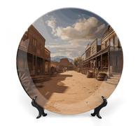 Ceramic Old Wild West Cowboy Town Decorative Plate for Wall Hanging 7inch Large Bone China Dinner Plates with Display Stand Porcelain Art Dish for Home Kitchen Office Wedding Gift Farmhouse Decor